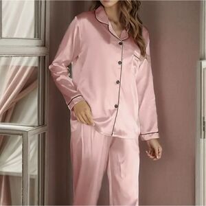 Satin Pink Pajama Set Classic Button Down Loungewear Long Sleeve Sleepwear Large